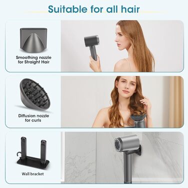 Фен Vasip з безщітковим мотором 110 000 об/хв, 200 млн негативних іонів, дифузор та концентратори, 4 режими нагріву та 2 швидкості