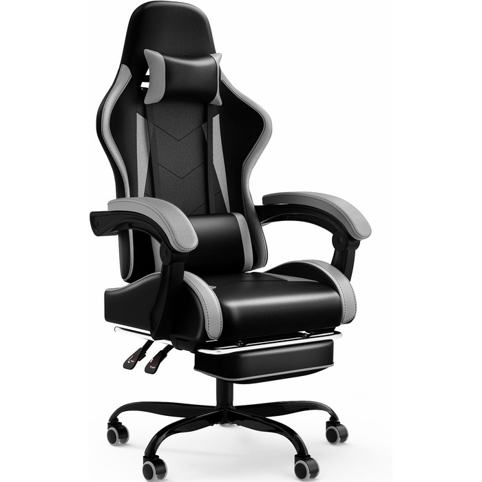 Devoko Massage Gaming Chair, Computer Office Chair with Footrest, Racing Gamer Chair 150kg Weight Capacity, 90-135° Adjustable Backrest, 360° Swivel, Gray