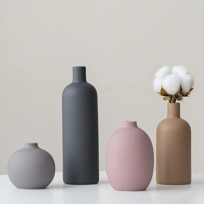 Modern Ceramic Vase Set - 4 Piece, Morandi Colors, Minimalist Table Decor, Nordic Style, Neutral Boho Scandinavian Vase Set (Black)