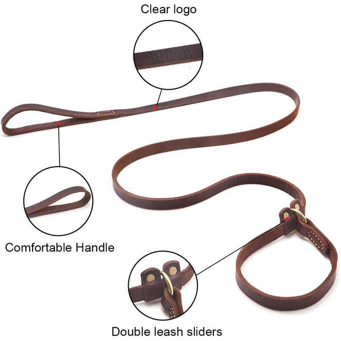 Wellbro Dog Leash made of genuine leather, soft, adjustable pet retriever leash with slider, durable, 1.8 m long x 1.8 cm wide, Brown