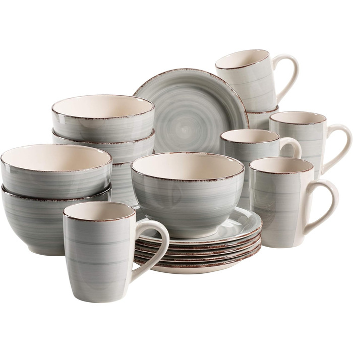 MÄSER Bel Tempo II Сервіз для сніданку на 6 осіб, вінтажний стиль, ручне розмальовування, 18 предметів, блакитний, кераміка, стоунгерд