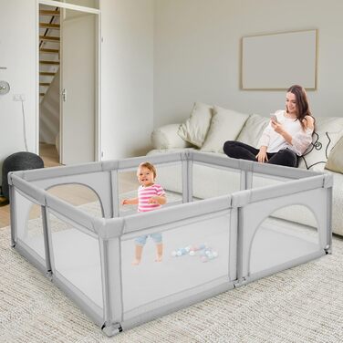 DREAMADE Playpen Baby 206 x 185CM, Folding Playard, Safety Gate with Breathable Mesh & 50 Balls, Child Safety Barrier with 2 Doors (Gray, without mattress) Gray without mattress