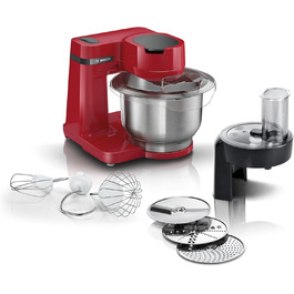 Кухонний комбайн Bosch Serie 2 MUMS2ER01, 700 Вт, 3,8 л, з нержавіючої сталі, планетарний міксер, насадки для замішування тіста, збивання та різання, 3 диски, червоний