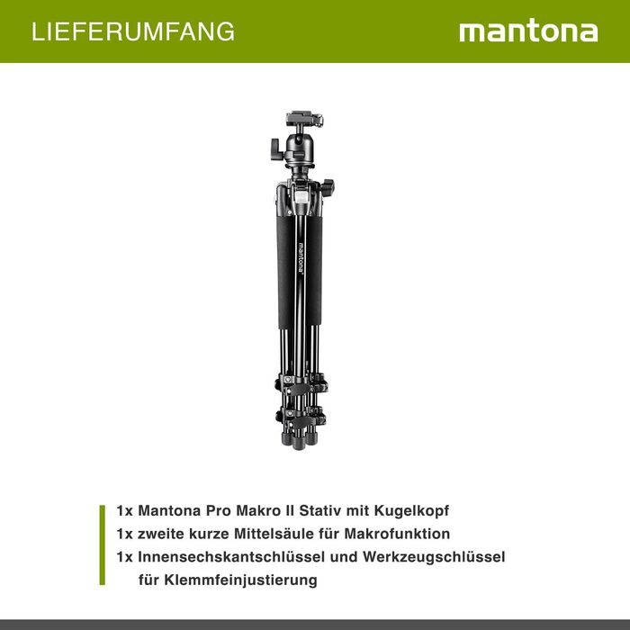 Фотоштатив Mantona Basic Scout Makro — компактний штатив для DSLR камер та макрозйомки, висота до 153 см, з реверсивною та додатковою короткою центральною колоною для outdoor фотографії