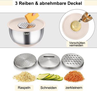 Mixing Bowl Set of 6, Stainless Steel Bowl Salad Bowl Set with Lid & Silicone Bottom, 3 Grater Attachments, 4.7l/3.8l/2.8l/1.9l/1.4l/0.6l, Non-Slip & Stackable - Khaki