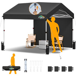 COBIZI Gazebo - Folding Gazebo - Waterproof, Stable, 275 cm Party Tent, UV Protection 50+ - Folding Gazebo with Waffle Pattern for Camping, Beach, Family Gatherings (White) (Black, 3x3m with 1 Side Walls)