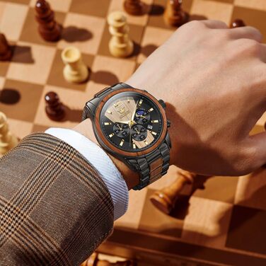 Годинник чоловічий OLEVS 3645-schwarz+gelb: аналоговий кварц, дерев'яний ремінець, хронограф, водостійкий, з підсвічуванням