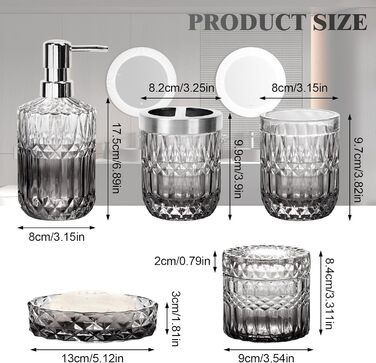 Набір аксесуарів для ванної кімнати Hebaogugu 5 шт., сірий колір, з дозатором мила, мильницею, стаканчиком для зубних щіток, тримачем для зубних щіток та контейнером для ватних паличок.