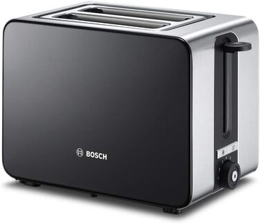 Bosch Compact Toaster ComfortLine TAT7203, integrated stainless steel bagel attachment, with automatic shut-off, with defrost function, perfect for 2 slices of toast, 1050 W, stainless steel/black Single