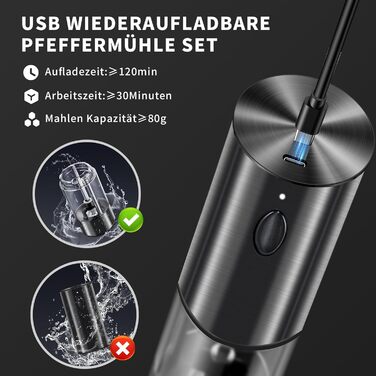 Електричний набір млинків для солі та перцю Haomacro з великою ємністю, USB-зарядка, нержавіюча сталь, LED-підсвітка, регулювання помолу