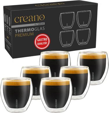 Creano PREMIUM double-walled espresso glasses 100ml - Set of 6 - Restaurant quality - 100% dishwasher safe - Thermoglass - Double-walled glass - NEW 2024