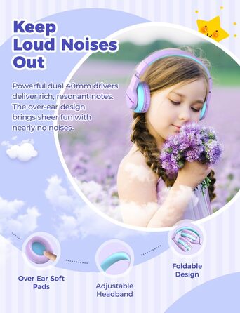 iClever Бездротові навушники для дітей з LED-підсвічуванням, Over-Ear, Bluetooth 5.2, мікрофон, BTH12, фіолетовий