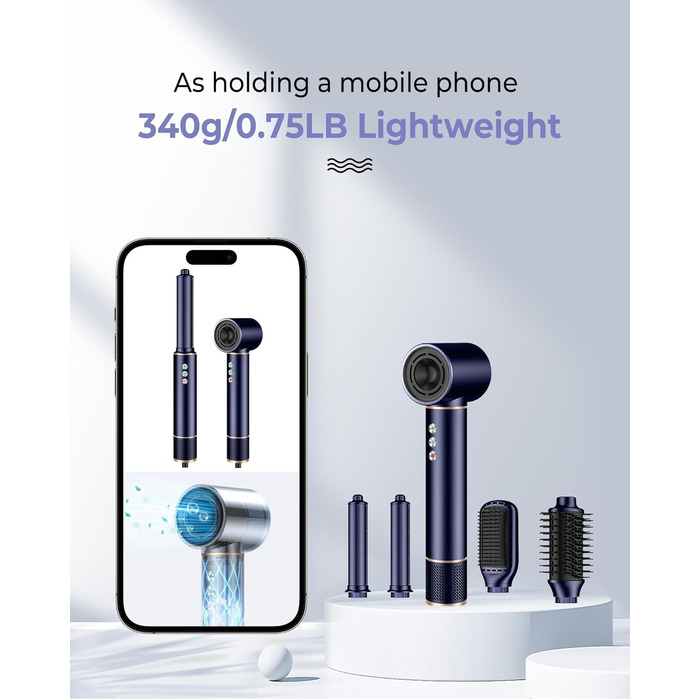 Airstyler 5 в 1: Фен-щітка з іонізацією, 20 м/с, 110 000 об/хв, для створення локонів та випрямлення, легкий, тихий, швидке сушіння, блакитний