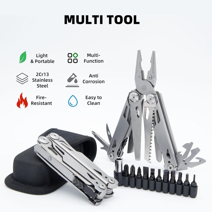 Мультитул преміум-класу 27-в-1: інструмент для кемпінгу, туризму та відпочинку на природі | З набором біт та зручною сумкою