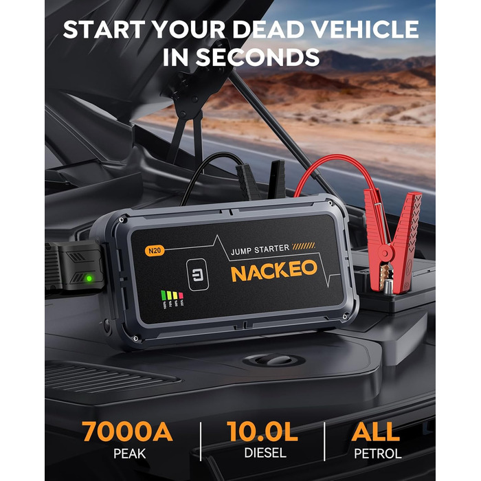 Powerbank Starthilfe 7000A: Зарядний пристрій для автомобіля, 12V, для бензинових та дизельних двигунів (до 10л), з кабелями та LED-ліхтариком, для авто, SUV, вантажівок, мотоциклів