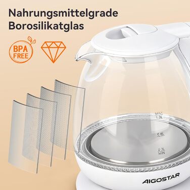 Електричний чайник Aigostar зі скла, 1 л, 2200W, LED-підсвічування, автоматичне відключення, захист від сухого кипіння, BPA Free, білий