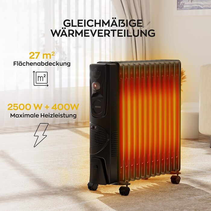 Електричний масляний радіатор Heinrich з 13 ребрами, 2500W, з вентилятором, терморегулятором, захистом від перегріву та нахилу, чорний