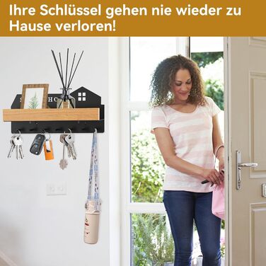 Ключниця настінна з полицею HOME+HOLZ чорна, без свердління, 7 гачків, для коридору, самоклеюча/на шурупах