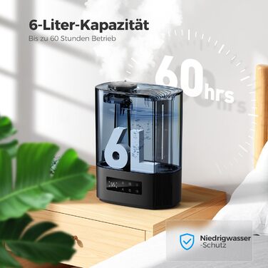 Зволожувач повітря AROEVE 6L з аромадифузором, ультразвуковий, для дитячої кімнати, 60 годин роботи, тихий, з контролем вологості, чорний