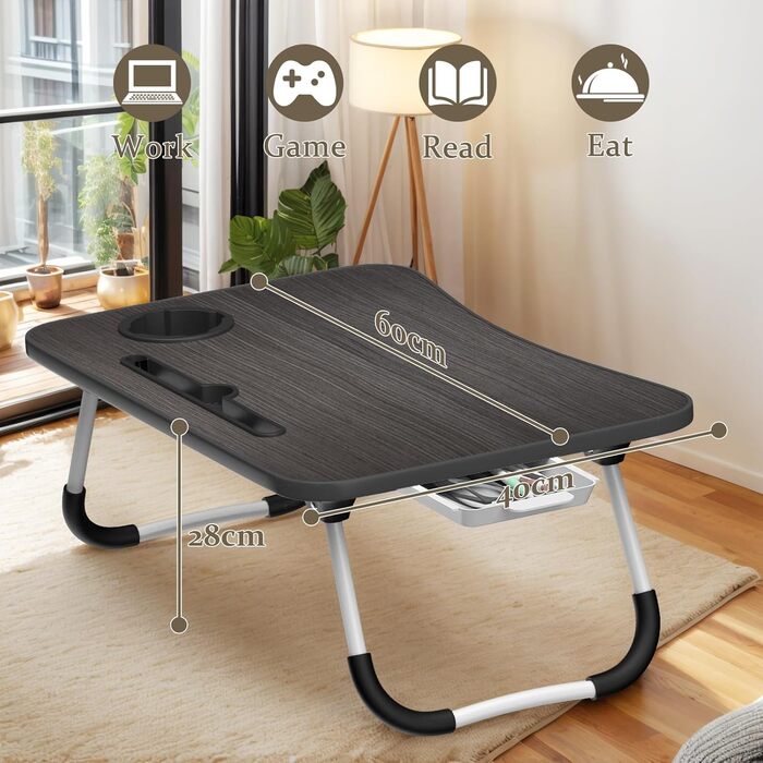 Стіл для ноутбука в ліжко Huracan: регульований, портативний, з підстаканником та ящиком (60x40 см, чорний)
