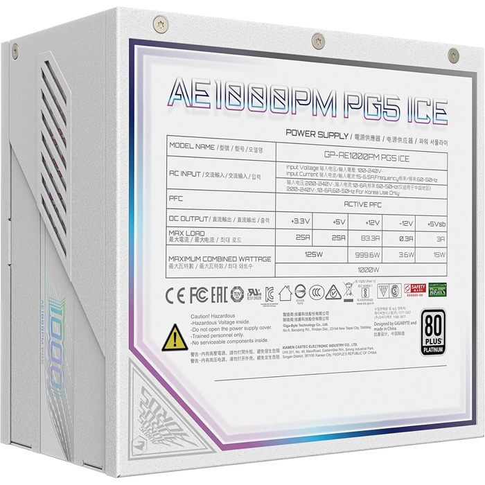 Блок живлення GIGABYTE AORUS Elite P1000W Ice 1000W, PCIe 5.0, 80 Plus Platinum, повністю модульний, ATX 3.0