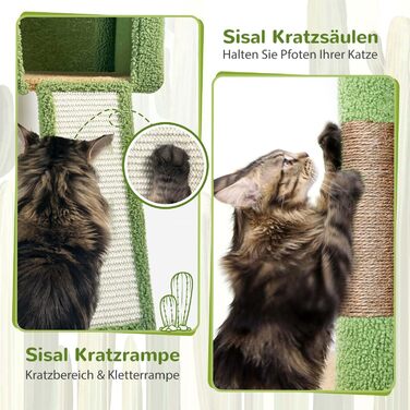 Драбина-кіготь Globlazer Kaktus (178 см) для котів: велика, з гамаком, будиночком, платформами, рампою з сизалю, стабільна для 2-4 котів (F70 Pro, зелена) XXL