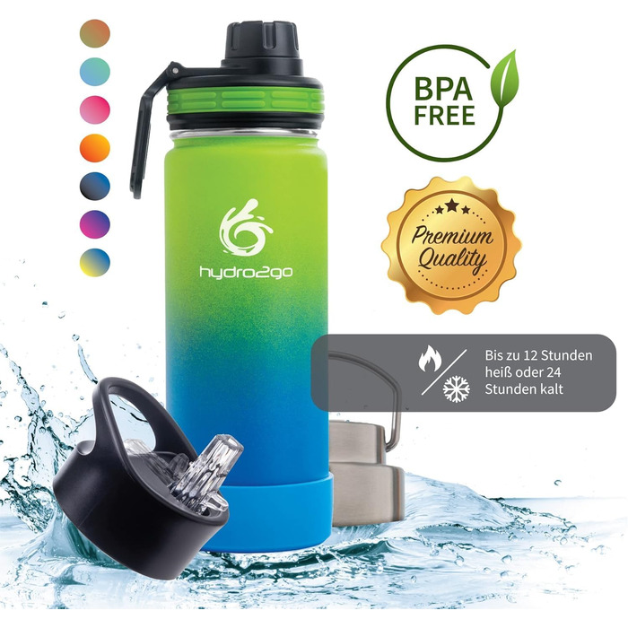 Фляга для води Hydro2Go Edelstahl 530 мл (Земля) – нержавіюча сталь, BPA-free, термофляга 12 год гаряче/24 год холодне, 3 кришки