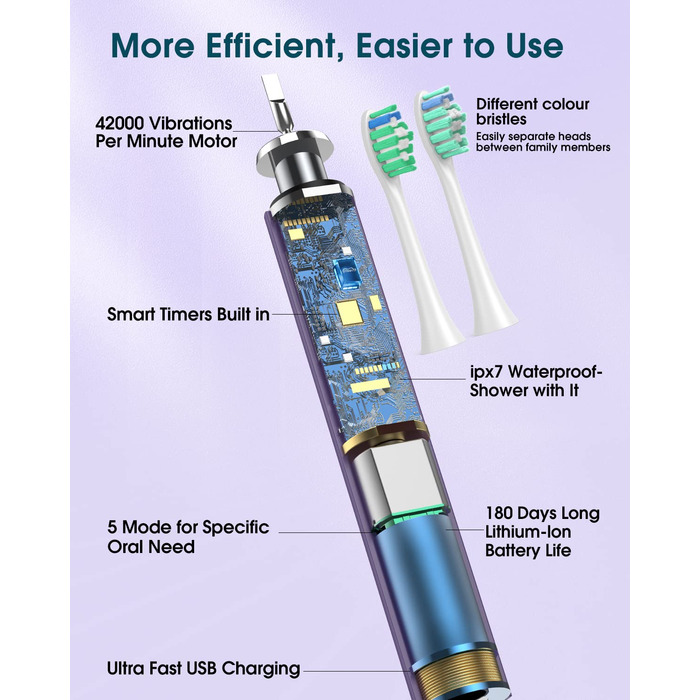 Електрична зубна щітка для дорослих з 6 насадками, акумуляторна звукова, фіолетова (1 шт.) - тривала робота до 180 днів