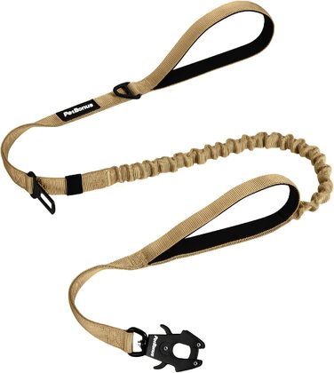Міцна тактична повідок для собак PetBonus, 1,5м, еластична, з 2 м'якими ручками, страхувальний ремінь для авто, нашийник-антавка для дресирування, для великих та середніх собак (Армійний зелений, Хакі)
