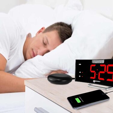 Alarm clock with a powerful 95dB alarm, vibrating pad, large display, and strobe light - The Geemarc Wake 'N' Shake Curve will wake you from deep sleep - USB charging port - Version DE
