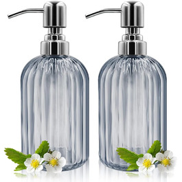 Скляні дозатори для мила 2 шт, 400 мл з нержавіючою сталевою помпою, багаторазові, преміум-якість для ванної кімнати, кухні, стільниці (Сірий)