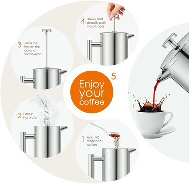 Wrobic French Press Coffee Maker 1.5 Liter Stainless Steel Coffee Maker, Double-Walled Insulated French Press Coffee Pot with 3 Extra Filters (silver, 1500ml) 1500ml Silver