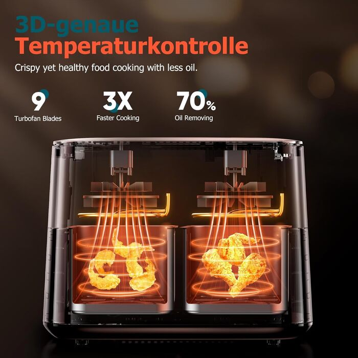 Фритюрниця повітряна подвійна з вікном, 9л, XL, 9-в-1, сенсорний дисплей, таймер, без олії, для здорового харчування