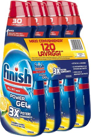 Рідкий засіб для посудомийних машин Finish Powergel, мультифункціональний, з лимоном, віджирюючий ефект, 120 мийок (4 упаковки по 600 мл)
