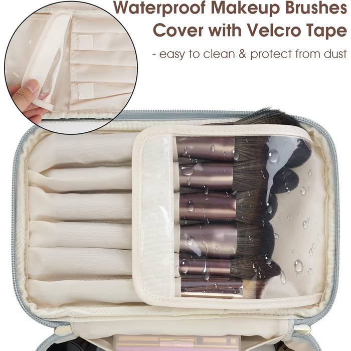 Косметичка для жінок, велика дорожня косметичка для макіяжу з відділенням для пензлів, органайзер, культурочка, з PU-шкіри, переносний мішечок для макіяжу, сіро-блакитний (патентний номер)