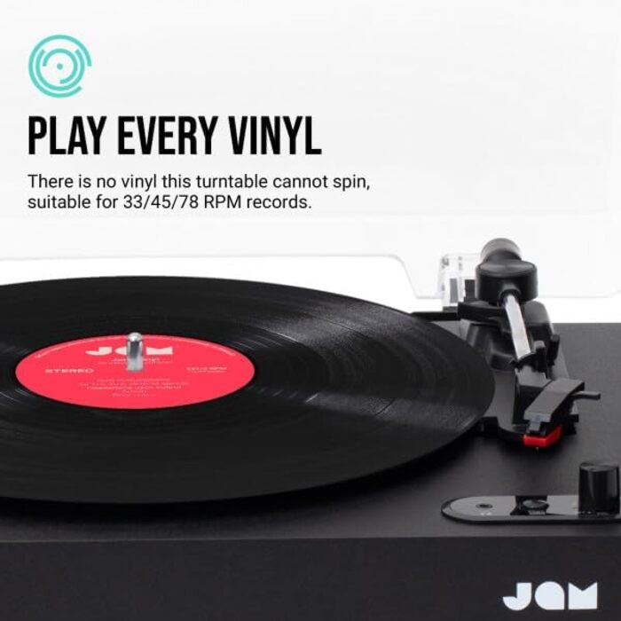 Програвач вінілових пластинок JAM з колонками Bluetooth – чорний. 3 швидкості, вбудовані динаміки, пилозахисний ковпак, попередньо налаштований тонарм, засіб для чищення вінілу.