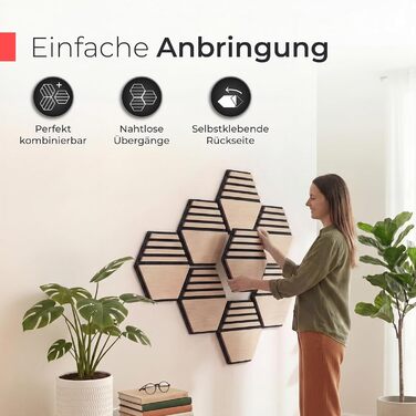 Акустичні панелі з натурального дерева горіх, самоклеючі 3D гексагони для шумоізоляції стін (набір 9 шт, 30x26 см, чорний фетр)