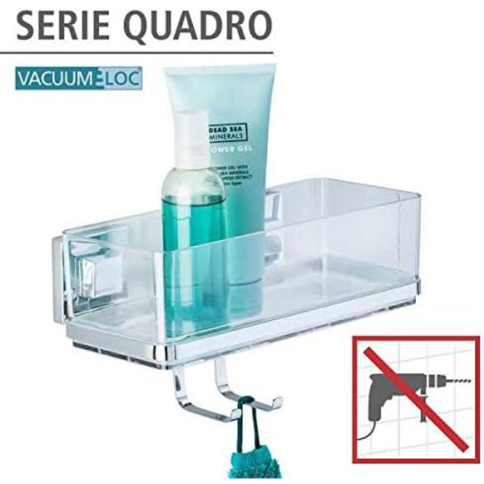 WENKO Vacuum-Loc Bathroom Wall Shelf Quadro with Hooks, 2 Tiers, with Removable Bowl, Mounting without Drilling, Stainless Steel/Plastic, 25.5 x 15 x 14 cm
