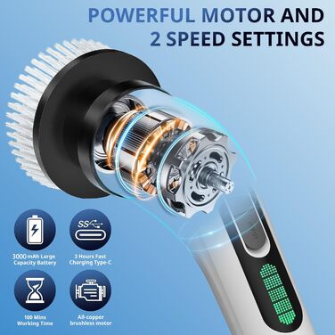 Електрична щітка для прибирання FYDEE IPX7 з 7 насадками та регульованою ручкою. Бездротовий Power Scrubber для ванної, кухні, авто та підлоги.