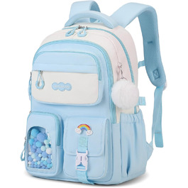 Шкільний рюкзак для дівчаток-підлітків з помпоном, тролейова петля та світловідбивачі. Великий рюкзак для школи та подорожей (блакитний).