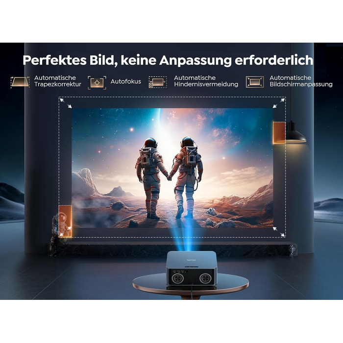 Смарт-проектор Toptro 4K Home Cinema, 1500 ANSI люмен, Full HD 1080p, Netflix, Dolby Audio, двосторонній Bluetooth, WiFi, AI-автофокус та корекція трапеції, для дому та вулиці, чорний