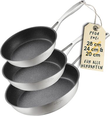 SILBERTHAL 3-Piece Stainless Steel Non-Stick Fry Pan Set - 20, 24, 28cm - Induction Compatible, Oven Safe