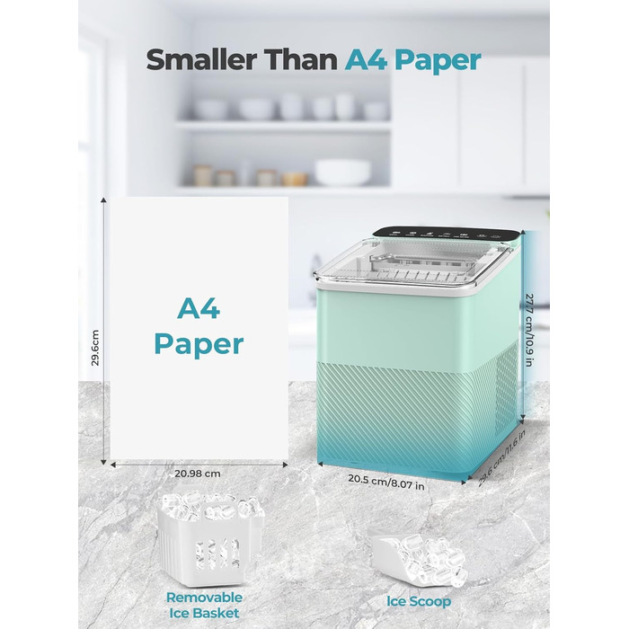 Портативна машина для льоду FOHERE – самоочисна, 14 кг/24 год, 2 розміри, компактний дизайн, 1 кнопка, інтелектуальні попередження, з лопаткою та кошиком для дому/бару/офісу/кемпінгу (зелена)