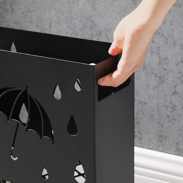 SONGMICS Metal Umbrella Stand with Water Tray, 4 Hooks, Cutout Design - Black for Entryway & Office