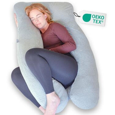 Вагітне подушка Ella, U-подібна подушка для сну на боці, U-подушка, подушка для годування з бавовняним чохлом, подушка для тіла та підтримки для жінок, для сну на боці - 140 x 80 см, сіра U, бавовна