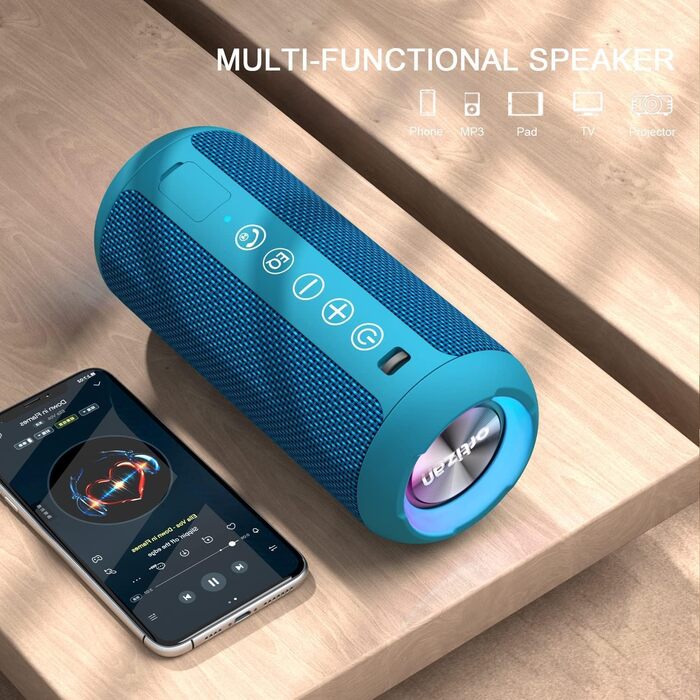 Портативна Bluetooth колонка Ortizan з RGB підсвіткою, водонепроникність IPX7, 30 годин роботи, Bass Boost, TWS, AUX, TF картка, мікрофон (BLUE)