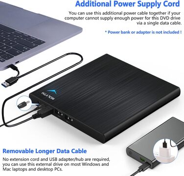 Зовнішній CD/DVD-привід USB 3.0 Type-C з аудіовиходом та USB-портами, тонкий DVD-RW плеєр та записувач для ноутбука, MacBook, Apple, чорний