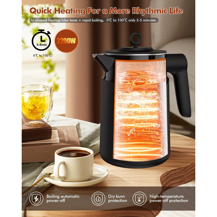 Електричний чайник з нержавіючої сталі 2200W з швидким нагріванням, автоматичним вимкненням, захистом від сухого кипіння, 1.7L, без BPA, без контакту з пластиком, тихий, чорний