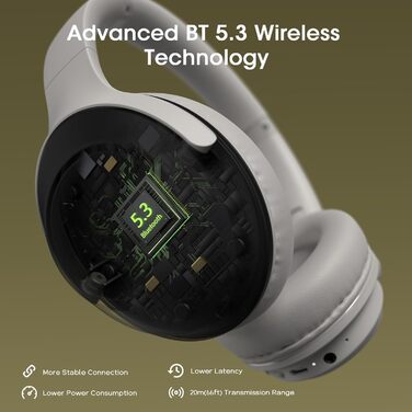 DOQAUS Бездротові Bluetooth навушники Over-Ear з мікрофоном, 70 годин роботи, Bluetooth 5.3, 3 режими EQ, HiFi Stereo, складні, сірий колір