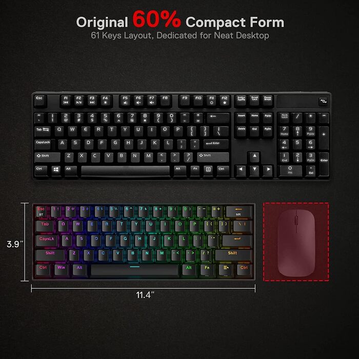 Redragon K530 Pro Draconic - Механічна ігрова клавіатура 60% з RGB-підсвічуванням та brown Tactile перемикачами (61 клавіша, Hot-Swap, для Windows/Mac/Android)